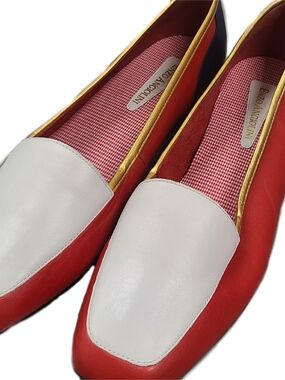 Enzo Angiolini Red and White Leather Slip-On Loafers with Gold Trim